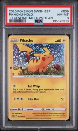 2020 POKEMON SWSH GENERAL MILLS 25TH ANNIVERSARY #039 PIKACHU-HOLO PSA 8 - Image 1