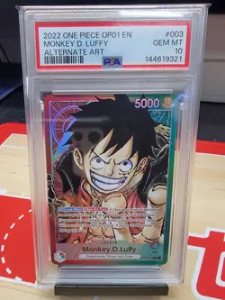 One Piece Monkey D Luffy OP01-003 Pre-Errata Alt Art Leader Romance Dawn PSA 10 - Image 1