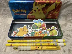 Pokemon TCG Pikachu Tin Pencil Box COLLECTORS TIN W/ Pencils, Pen & Stickers - Image 1
