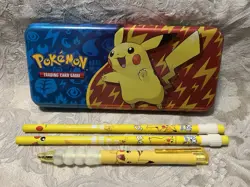 Pokemon TCG Pikachu Tin Pencil Box COLLECTORS TIN W/ Pencils, Pen & Stickers - Image 3