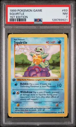 POKEMON SQUIRTLE 1st Edition Base Set Shadowless WOTC 63/102 PSA 7 NEAR MINT - Image 1