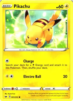 Pokemon TCG SWSH01: Sword & Shield Base Set Pikachu 065/202 Common NM - Image 1