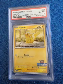 PIKACHU 2025 POKEMON SV BLACK STAR PROMOS SVP EN #214 ILLUSTRATION CONTEST PSA 8 - Image 1