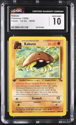 CGC 10 GEM MINT Kabuto 1999 Fossil 1st Edition 50/62 Pokemon Card - Image 1