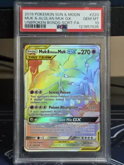2019 POKEMON SUN & MOON UNBROKEN BONDS #220 MUK & ALOLAN MUK GX SECRET PSA 10 - Image 1
