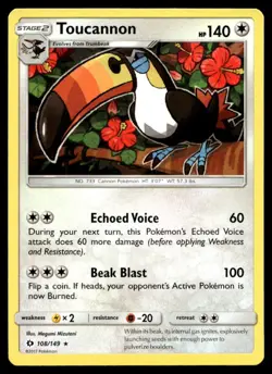 Toucannon 108/149 Pokemon Card Sun & Moon Rare 140 HP Lightly Played ID - Image 1