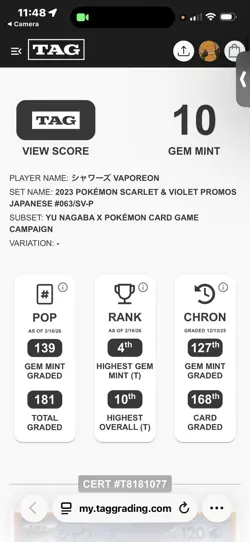 TAG 10 Pokemon Vaporeon Yu Nagaba Campaign 063/Sv-p Japanese Promo - Image 2