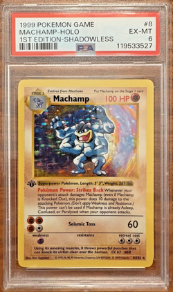 1st Edition Shadowless Machamp 8/102 Base Set Pokemon Card PSA 6 Super Clean - Image 1