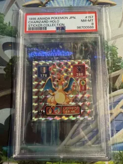 1996 AMADA POKEMON JAPANESE PSA 8 STICKER MINI CHARIZARD HOLO #157 PRISM - Image 1