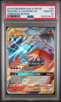 PSA 10 2019 POKEMON SUN & MOON UNBROKEN BONDS #20 RESHRM. & CHARZRD.GX - Image 1