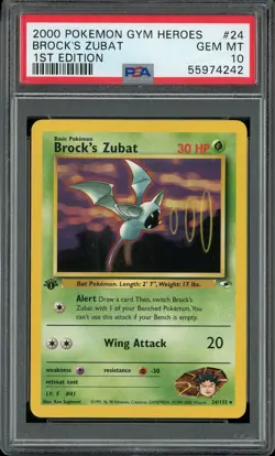 PSA 10 Brock's Zubat 1st Edition Gym Heroes 24/132 Rare Pokemon Card - Image 1