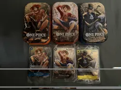 One Piece OP13 - 3 Sealed Promos + 3 Matching Empty Tins - P-073, P-074, P-075 - Image 1