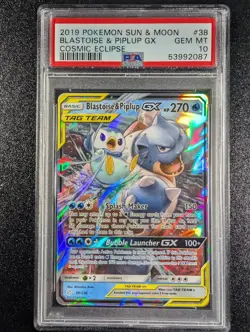 2019 Pokemon Sun & Moon Cosmic Eclipse Blastoise & Piplup GX PSA 10 - Image 1