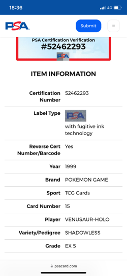 1999 Pokemon game PSA 5 shadowless Venusaur Holo #15 - Image 5