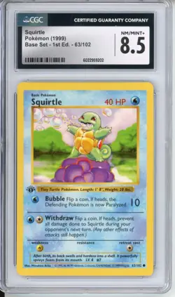 Pokemon Graded: Squirtle 1st Edition Shadowless 63/102 Base Set (1999) CGC 8.5 - Image 1