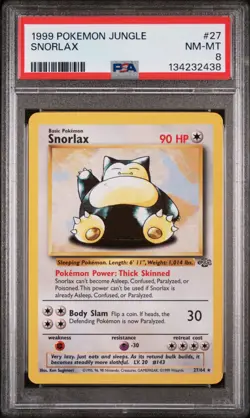 POKEMON CARD 1999 PSA 8 NM MINT JUNGLE SET Unlimited #27 Snorlax Non Holo - Image 1