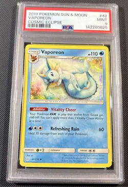 Pokemon 2019 Vaporeon Cosmic Eclipse #42 Non Holo PSA 9 New Cert - Image 1