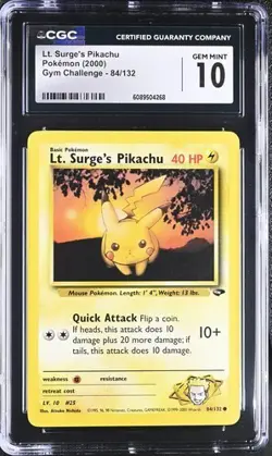 CGC 10 GEM MINT Lt. Surge's Pikachu 84/132 Pokemon 2000 Gym Challenge Pop 49 - Image 1