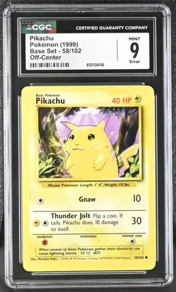 CGC 9 MINT Pikachu OC OFF-CENTER ERROR 1999 Base Set 58/102 Pokemon Card - Image 1