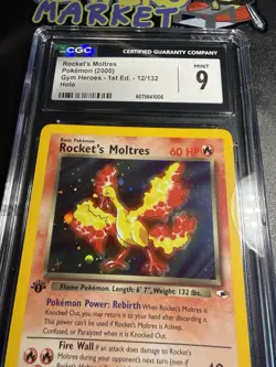 [ CGC 9 ] 1st Edition Rockets Moltres Holo Rare Card 12/132 Gym Heroes English - Image 2