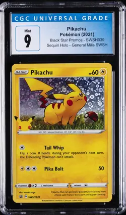2021 POKEMON BLACK STAR PROMOS SEQUIN HOLO, GENERAL MILLES SWSH PIKACHU CGC 9 - Image 1