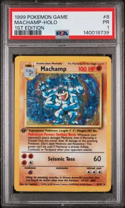 1999 POKEMON GAME 1ST ED #8 MACHAMP-HOLO PSA 1 - Image 1