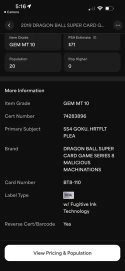SS4 Son Goku a Heartfelt Plea BT8-110 SR Foil Dragon Ball Super Card Game PSA - Image 3