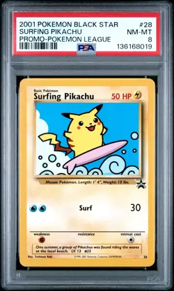 2001 POKEMON PROMO BLACK STAR POKEMON LEAGUE #28 SURFING PIKACHU PSA 8 - Image 1