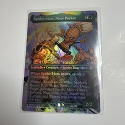 MTG magic SPIDERMAN spm BORDERLESS FOIL SPIDER HAM PETER PORKER #201 RARE - Image 1
