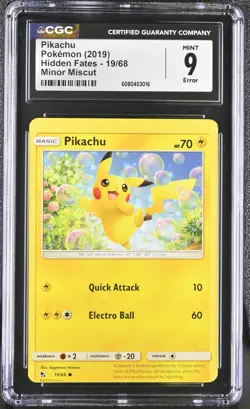 Pokemon Card CGC 9 Pikachu Miscut Error Hidden Fates 19/68 - Image 1