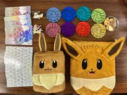 Pokemon Prismatic Evolutions Eevee POUCH and deck box + coins, dividers & pins - Image 1