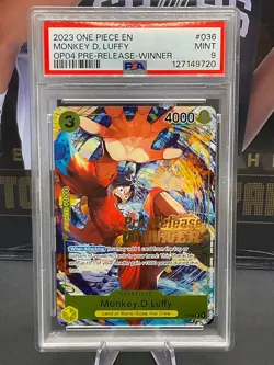 2023 One Piece English P-036 Monkey D Luffy OP04 Pre-Release - Winner PSA 9 MINT - Image 1