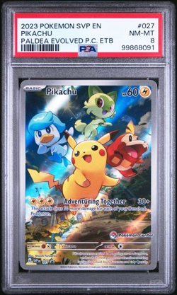 2023 Paldea Evolved Pikachu Pokemon Center (PC) ETB Promo PSA 8 SVP027 027 Promo - Image 1