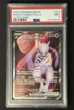 2025 PSA 9 MINT Pokemon TCG Card Team Rocket's Mewtwo ex Destined Rivals 213/182 - Image 1