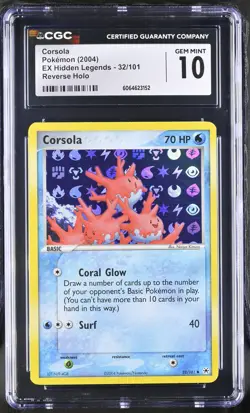 CGC 10 GEM MINT Corsola 2004 EX Hidden Legends 32/101 Reverse Holo Pokemon Card - Image 1