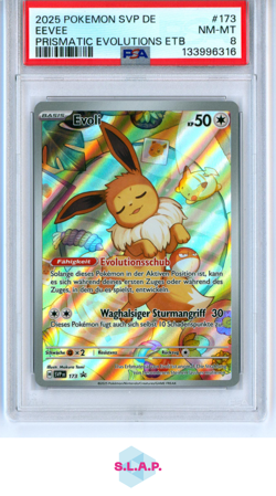 EEVEE PRISMATIC EVOLUTIONS ETB POKEMON GER SVP DE-SV BLCK STR PRM 2025 173 PSA 8 - Image 1