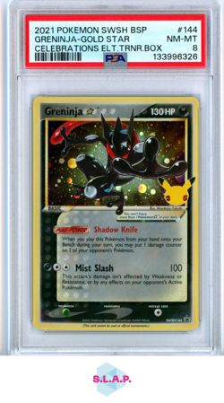 GRENINJA-GOLD STR CELEB ELT.TRNR.BOX POKEMON SWSH BLCK STR PRM 2021 144 PSA 8 - Image 1