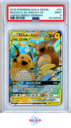 RAICHU & AL-RAICHU GX UNIFIED MINDS-GER POKEMON SM UNIFIED MINDS 2019 54 PSA 9 - Image 1