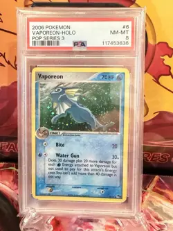 Pokemon TCG Vaporeon Holo Rare Card 6/17 Pop Series 3 PSA 8 - Image 1