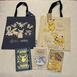 Pokemon Natural History Museum Pikachu Jumbo Promo Card, tote bags & notebook - Image 1