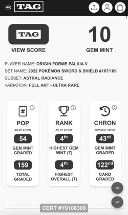 2022 POKEMON SWSH ASTRAL RADIANCE #167 FULL ART/ORIGIN FORME PALKIA V TAG 10 - Image 3