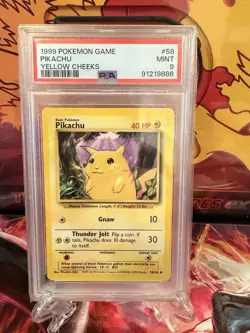 Pokemon Pikachu Card 58/102 Yellow Cheeks, Base Set 1999, Mint Fresh Grade PSA 9 - Image 1