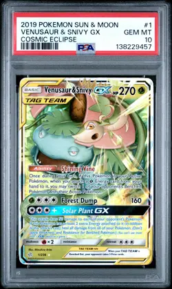 2019 POKEMON SUN & MOON COSMIC ECLIPSE #1 VENUSAUR & SNIVY GX PSA 10 - Image 1