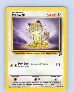 Pokemon TCG Meowth 80/130 Base Set 2 Unlimited Common Card WOTC Played HP-MP - Image 1
