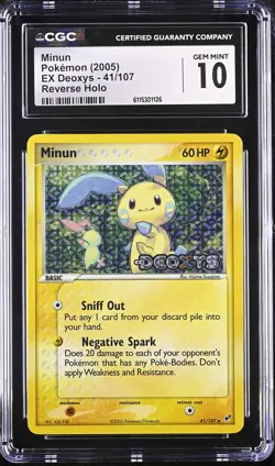 CGC 10 GEM MINT Minun 2005 EX Deoxys 41/107 Reverse Holo Stamped Pokemon Card - Image 1