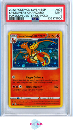 SP.DELIVERY CHARIZARD POKEMON CENTER UK-HOLO SWSH BLCK STR PRM 2022 075 PSA 9 - Image 1