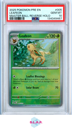 LEAFEON MASTER BALL REVERSE HOLO POKEMON PRE EN-PRISMATIC EVO 2025 005 PSA 10 - Image 1