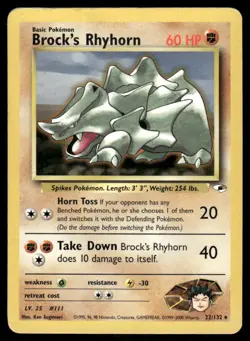 Pokemon Cards Brock's Rhyhorn 22/132 UNLIMITED Gym Heroes WOTC Rare MP - Image 1