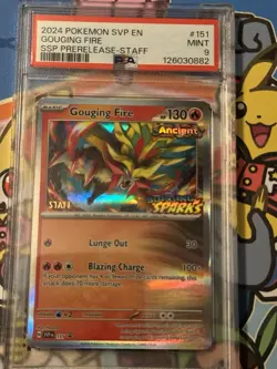Pokemon Surging Sparks Gouging Fire SVP 151 Prerelease Promo Staff Card PSA 9 - Image 1