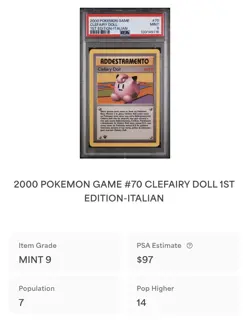 POKEMON PSA 9 CLEFAIRY DOLL 70/102 SET BASE 1st PRIMA EDIZIONE ITALIANO 2000! - Image 4